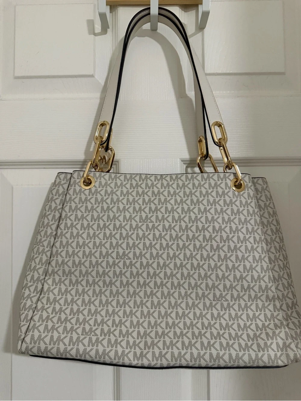 Michael Kors Cream/White MK Logo Tote with Gold Hardware